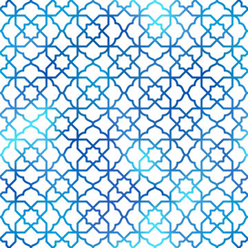 Blue Arabic style seamless pattern. Vector gradient blue oriental ornament on white background. Oriental traditional texture for backgrounds, wallpapers, textile patterns, decoration