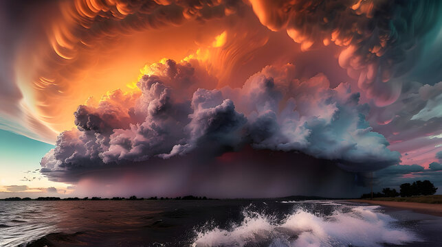 Rainbow-colored clouds billowing over a turbulent ocean, creating a dynamic and visually striking scene that combines the power of nature with vibrant colors
