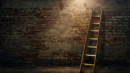 A ladder leaning against a brick wall, the concept of reaching new heights and accomplishing goals - obrazy, fototapety, plakaty