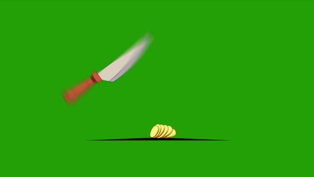 his is an animation video with a green chroma key background, depicting a knife slicing potatoes on a cutting board. The animation creatively portrays the process of potato slicing in a playful manner