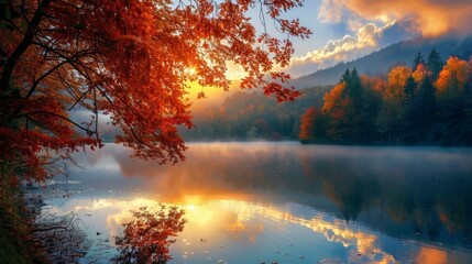 Falling autumn leaves by the lake in the morning