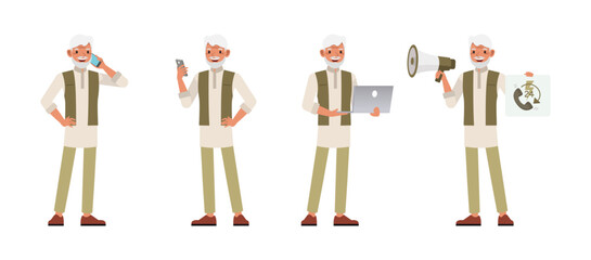 Set of Indian man character vector design. Businessman holding telephone, laptop, megaphone and working in office. Presentation in various action on isolated white background.