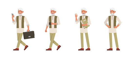 Set of Indian man character vector design. Businessman with briefcase walking and working in office. Presentation in various action on isolated white background.