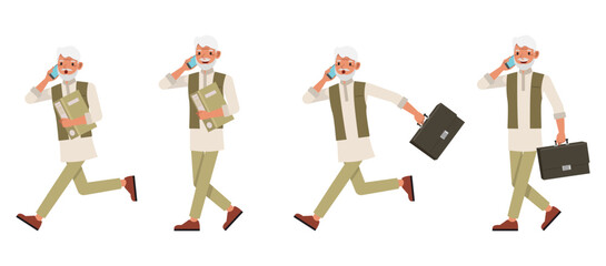 Set of Indian man character vector design. Businessman walking and running in office. Presentation in various action on isolated white background.