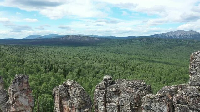 Inzerskie Zubchatki mountains. Inzerkiye mountain range in Tirlyan village, Bashkortostan. Famous stone pylons in Ural mountains