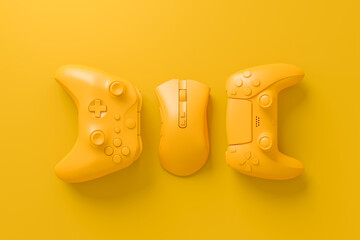 Set of lying gamer joysticks or gamepads on monochrome background