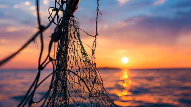 Fresh catch of the day, fishermen's net full, dawn sky behind for text