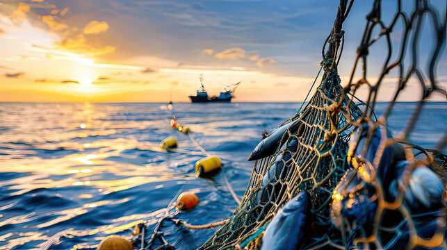 Fresh catch of the day, fishermen's net full, dawn sky behind for text