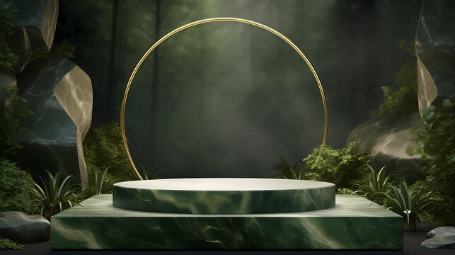 Empty forest green marble podium for cosmetics product display. Showcase for the presentation of natural products and cosmetics