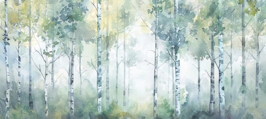 watercolor birch forest, soft pastel green and white colors, spring time, foggy morning, painted on canvas