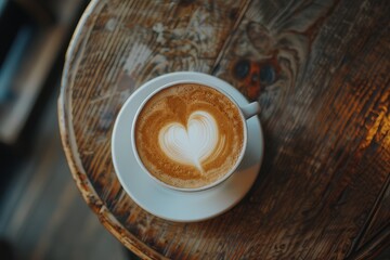 Cappuccino glasses are served in white cups with heart-shaped latte art on saucers.