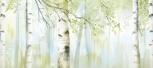 watercolor birch forest, soft pastel green and white colors, spring time, foggy morning, painted on canvas