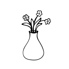 Doodle illustration with simple cute flower in vase. Decorative plants with leaves. Summer or spring blooming plant. Black line doodle style elements isolated on white background. Hand drawn sketch.