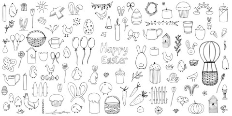 Doodle Happy Easter big elements set. Religious holiday elements. Foods, celebration decor, cute rabbits, chickens. Black line doodle style elements isolated on white background. Hand drawn sketch.