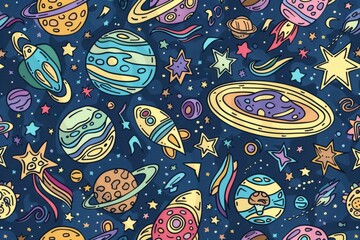 Cartoon cute doodles of a dreamy outer space pattern filled with colorful planets, shooting stars, and alien spaceships, Generative AI