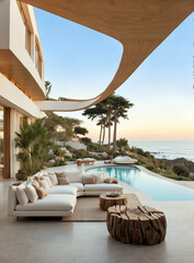 Fototapeta premium Architecture exterior view, oceanside sunset japandi style home, designed with organic materials coast landscape.