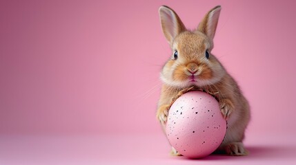 Cute Easter bunny hatching from pink Easter egg isolated on pastel pink background with copy space, Happy Easter banner with adorable rabbit