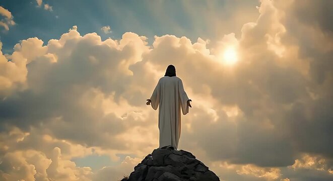 A statue of Jesus stands tall atop a rock, symbolizing strength and faith. The detailed sculpture overlooks the landscape in a powerful stance