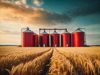 Tall cylindrical metal silos standing in a field of golden wheat. The sky is a clear blue with a few wispy white clouds - obrazy, fototapety, plakaty
