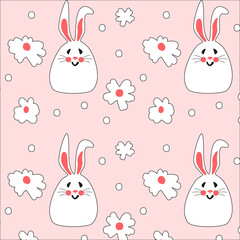 Seamless pattern with cute white rabbits with flowers. Easter bunnies for printing on childrens products, fabric and wallpaper on a pink background. Cartoon flat vector illustration.