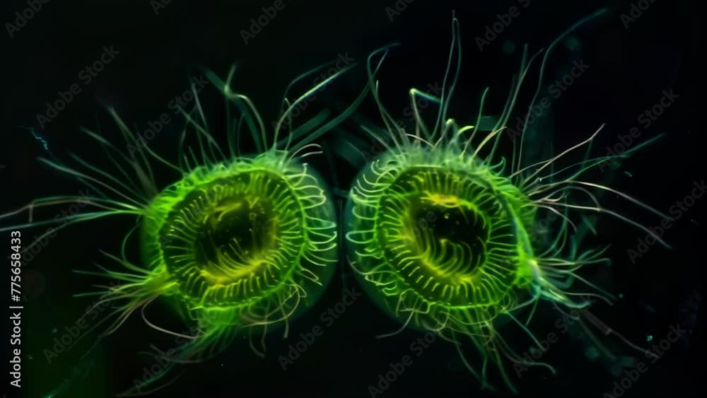 Poster against a black backdrop the delicate structures of two interconnected chloroplasts are highlighted 