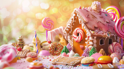 Candyland fantasy with sweet treats, gingerbread house, and space for delightful birthday wishes