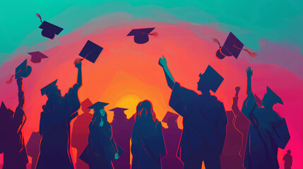 graduates throw hats , colorful graphics