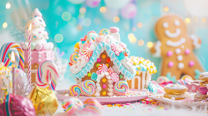 Candyland fantasy with sweet treats, gingerbread house, and space for delightful birthday wishes