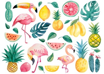 collection of cute watercolor tropical summer elements
