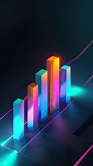 Minimalistic 3D bar chart, glowing effect, business growth concept