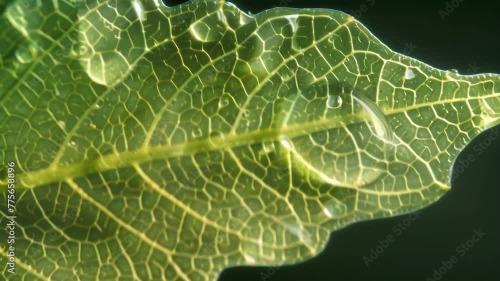 Poster a highresolution image of a stoma on a leaf with visible droplets of water gathering on the surface.