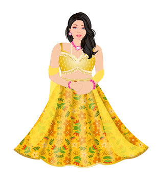 Beautiful Young Women sitting wearing Ethnic Crop Top and Skirt for  Haldi Ceremony