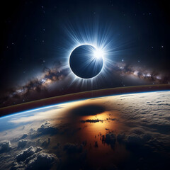 A spacefaring view of a complete solar eclipse, eclipsing of the bright sun. - obrazy, fototapety, plakaty