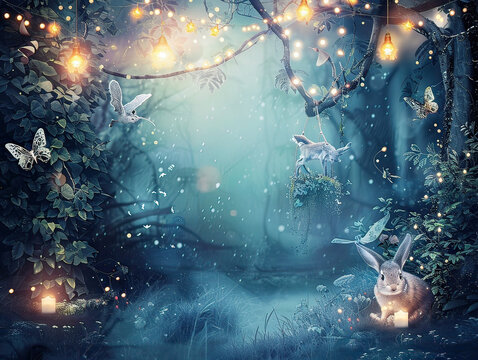 Enchanted forest with mystical creatures and glowing lights, space for whimsical birthday texts