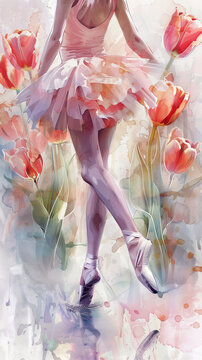 Closeup view of legs of ballerina in a short tutu and pointe shoes with tulips around her feet and in the background. The watercolor digital art. Romantic fantasy