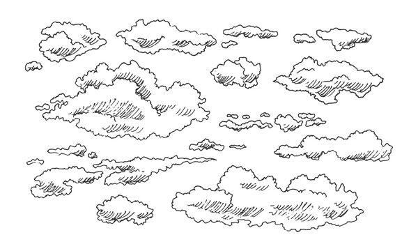 Set of clouds in hand drawn vintage retro style. Vector illustration isolated on white background.