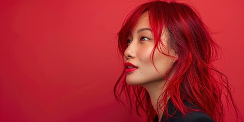 Profile of a young Asian woman with bright red hair, against a red background, gazing away
