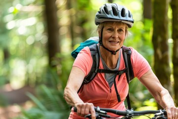 Fototapeta na wymiar Active senior woman cycling through the forest, wearing a helmet and a bright smile, enjoying nature