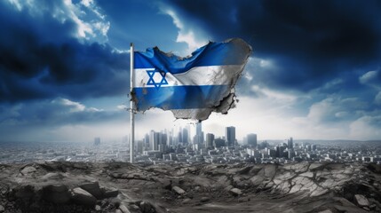Israel flag with destroyed city  - obrazy, fototapety, plakaty