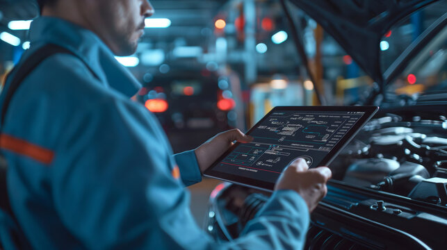 Auto mechanic analyzing vehicle with tablet