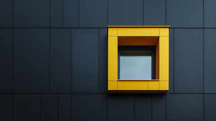 Photorealistic representation of a symbolic winning award with a bold yellow frame against a sleek gray background