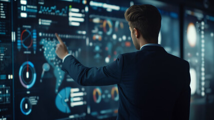 Young businessman interacts with advanced virtual data interface, selecting information