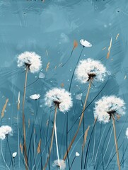 Whimsical dandelion fluffs drifting on a soft wind, minimalist style