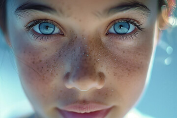 Intense gaze of a young girl with blue eyes - obrazy, fototapety, plakaty