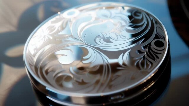 A precision laser is used to etch intricate designs onto the surface of a compact mirror demonstrating the use of technology in creating aesthetically pleasing packaging for