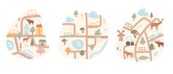 Naklejka premium Set of kids city map. Vector illustration of a city map with cars, mountains, trees. Hand drawn illustration for kids room.
