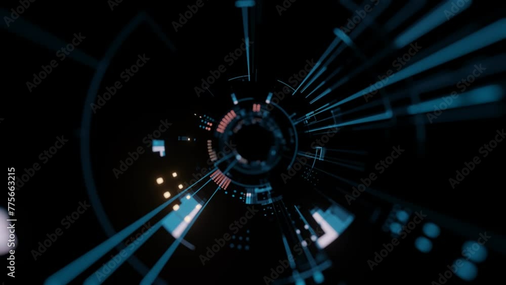 Poster Seamless loop. Abstract digital binary data transmitting in communication wire tunnel. Depth of field. Inside AI concept. Technology, machine learning, big data, virtualization. Product background