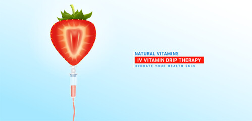 IV Vitamin Drip Therapy. Saline line and syringe is connected to the fresh strawberry slice. Fruits rich in vitamins minerals collagen natural. Medical and beauty concept. Vector illustration.