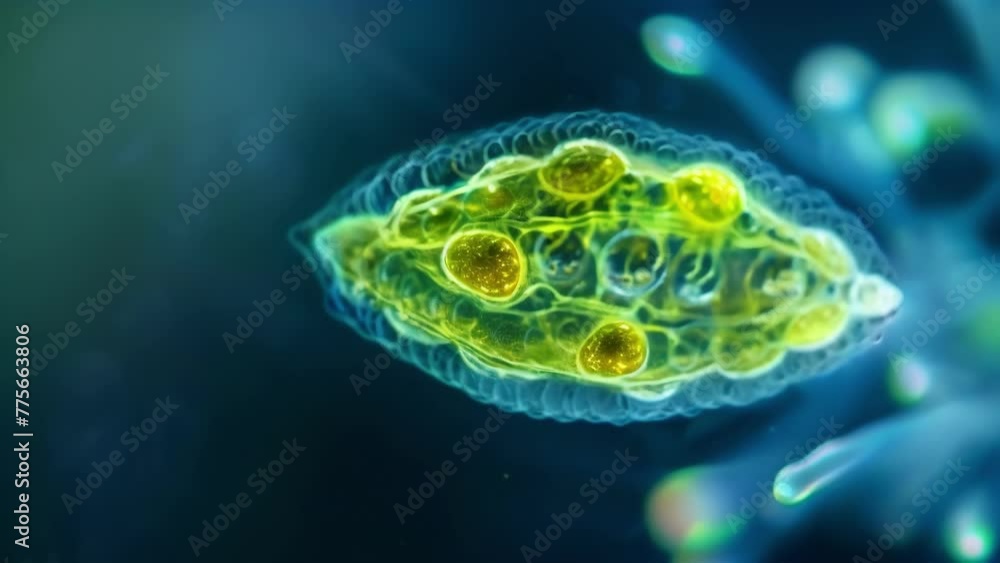 Poster a side view image of an algae cell revealing its unique oval shape and s of tiny organelles within. 