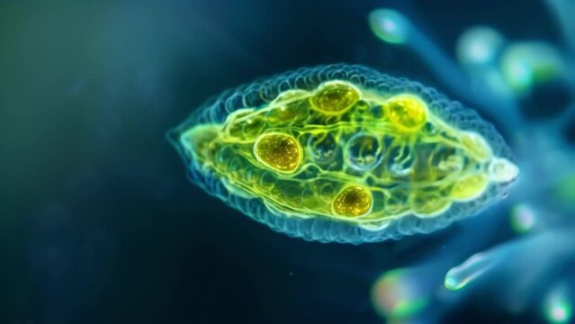A side view image of an algae cell revealing its unique oval shape and s of tiny organelles within. . AI generation.